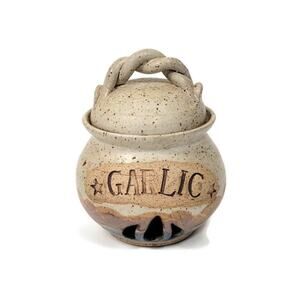 Handmade Ceramic Garlic Keeper Pottery Jar with Lid Rustic Stoneware Signed